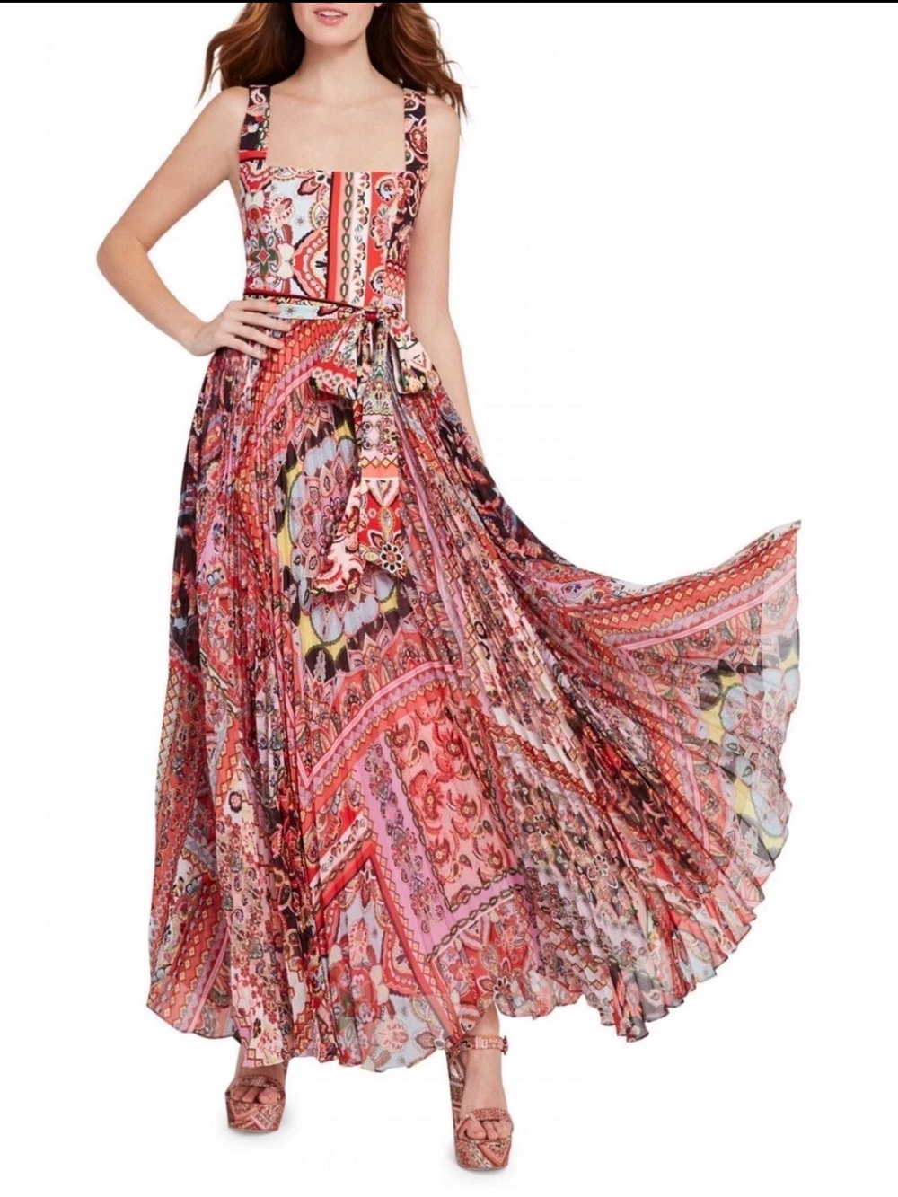 Alice + Olivia Deona Coral Multiprint Pleated Maxi Dress with Tie Waist